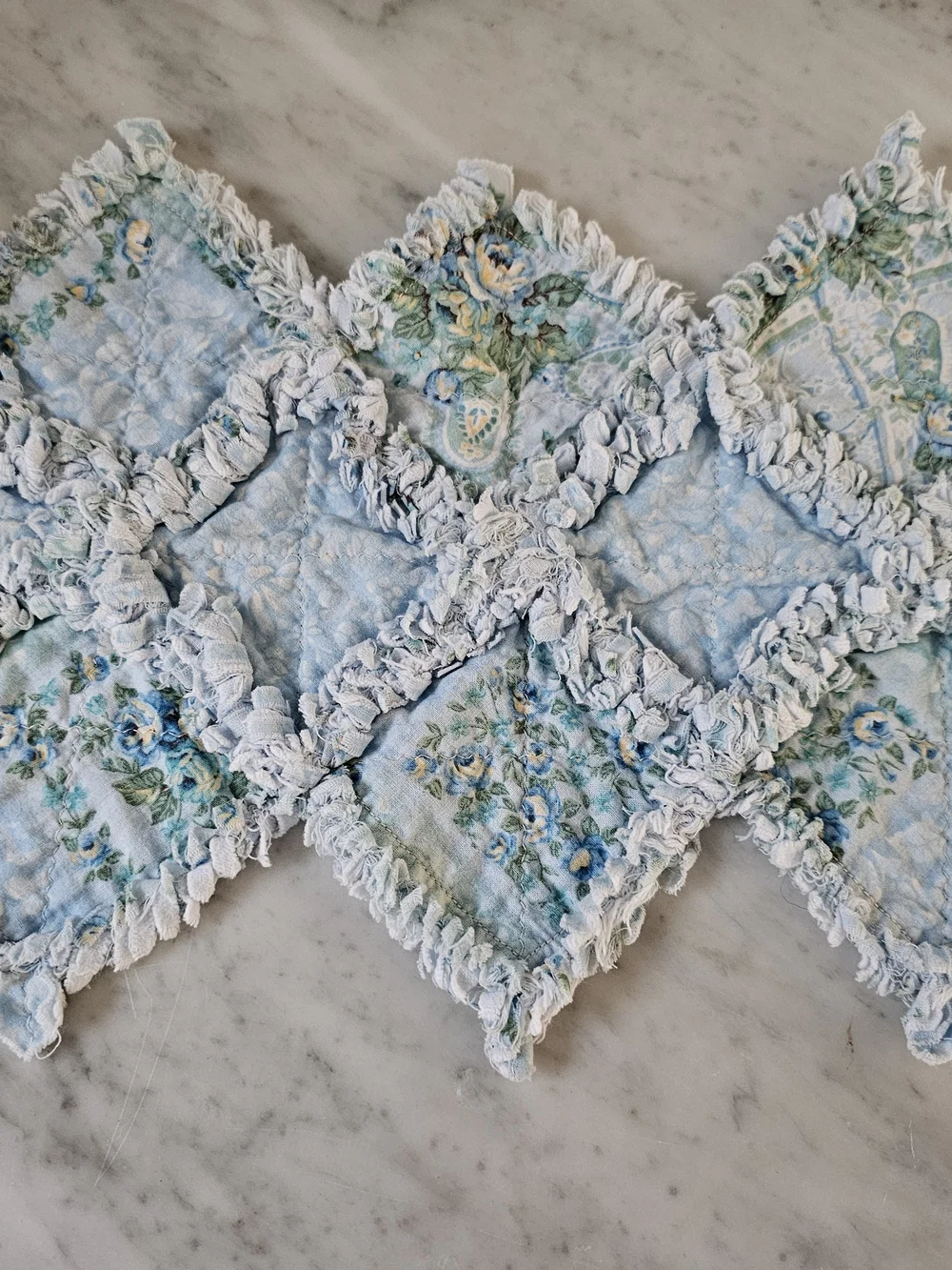 Handmade Blue Floral Rag Quilt Table Runner Cottage Farmhouse 35
